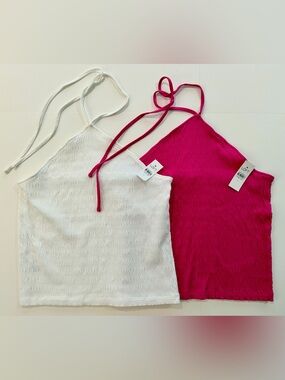 LOFT NWT Smocked Halter Tops Set of 2 White & Hot Pink Size L
